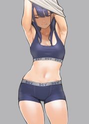 Rule 34 | 1girl, armpits, arms up, blue hair, boyshort panties, breasts, cleavage, closed eyes, clothes writing, commentary request, grey background, highres, long hair, male underwear, mole, mole under eye, navel, original, simple background, skindentation, solo, sports bra, underwear, undressing, yomu (sgt epper)