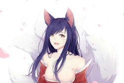 Rule 34 | 1girl, absurdres, ahri (league of legends), animal ears, bare shoulders, black hair, breasts, cleavage, collarbone, detached sleeves, facial mark, fox ears, fox tail, highres, korean clothes, large breasts, league of legends, lips, long hair, looking at viewer, low neckline, multiple tails, petals, simple background, slit pupils, solo, tail, whisker markings, white background, yellow eyes, zhiwu