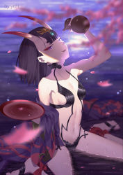 Rule 34 | 1girl, :d, artist name, barefoot, black hair, black panties, bottle, breasts, fang, fate/grand order, fate (series), hair ornament, heart, horns, open mouth, outdoors, panties, purple eyes, revealing clothes, sake bottle, short hair, shuten douji (fate), sidelocks, sitting, small breasts, smile, solo, underwear, wariza, yeh (354162698)