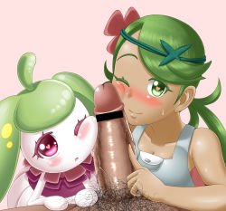 Rule 34 | 1boy, 2girls, ahoge, blush, breasts, censored, cleavage, closed mouth, clothed female nude male, collarbone, colored skin, creatures (company), dark-skinned male, dark skin, erection, flower, furry, game freak, gen 7 pokemon, green eyes, green hair, green hairband, hair flower, hair ornament, hairband, happy, heart, heart-shaped pupils, hetero, highres, interspecies, ion (pixiv 2981238), large penis, long hair, looking at viewer, male pubic hair, mallow (pokemon), matching hair/eyes, medium breasts, multiple girls, nintendo, nose blush, nude, open mouth, overalls, penis, penis on face, pink background, pink eyes, pink flower, pink shirt, pokemon, pokemon (creature), pokemon sm, pokephilia, pov, pubic hair, shiny skin, shirt, simple background, smile, steenee, sweat, swept bangs, symbol-shaped pupils, textless version, trial captain, twintails, veins, veiny penis, white skin