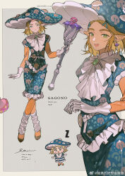 Rule 34 | 1girl, akihare, alternate costume, artist name, ascot, belt, belt buckle, black footwear, blonde hair, blue headwear, blue shirt, blue skirt, blue sleeves, blush stickers, border, buckle, character sheet, chest jewel, chibi, chibi inset, chinese commentary, closed mouth, collar, collared shirt, commentary request, crossed legs, dangle earrings, earrings, food print, frilled gloves, frilled shirt, frilled skirt, frills, frown, gem, gloves, green eyes, green gemstone, grey background, hair ornament, hairclip, high heels, highres, holding, holding staff, jewelry, layered sleeves, long sleeves, looking at viewer, medium skirt, multiple views, mushroom, mushroom hat, mushroom print, nintendo, open mouth, orange pantyhose, orange sleeves, outside border, pantyhose, pencil skirt, pointy ears, princess zelda, pumps, shirt, short hair, short over long sleeves, short sleeves, simple background, skirt, smile, staff, teeth, the legend of zelda, the legend of zelda: tears of the kingdom, thick eyebrows, upper teeth only, watermark, weibo logo, weibo watermark, white ascot, white belt, white border, white collar, white gloves, white leg warmers, x hair ornament