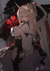 Rule 34 | 1girl, absurdly long hair, absurdres, ayanami (azur lane), ayanami (nightfall raiment) (azur lane), azur lane, bare shoulders, black footwear, blush, boots, closed mouth, collarbone, commentary request, corset, cross, detached sleeves, flat chest, highres, kira guil, knee up, legwear garter, long hair, looking at viewer, official alternate costume, platinum blonde hair, ponytail, puffy sleeves, red eyes, sakura empire (emblem), sidelocks, sitting, solo, very long hair