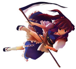 Rule 34 | 1girl, :o, blush, female focus, full body, geta, highres, holding, holding weapon, looking at viewer, murasin, okobo, onozuka komachi, parted lips, polearm, sandals, scythe, short hair, socks, solo, tabi, touhou, twintails, two side up, weapon, white socks