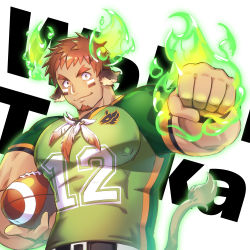 Rule 34 | 1boy, american football, animal ears, bara, beard, belt, brown hair, clenched hand, facial hair, feathers, fiery horns, forked eyebrows, glowing horns, horns, large pectorals, looking at viewer, male focus, muscular, native american, nipples, pectorals, simple background, smile, solo, tail, thick eyebrows, tokyo houkago summoners, wakan tanka, waku (ayamix)