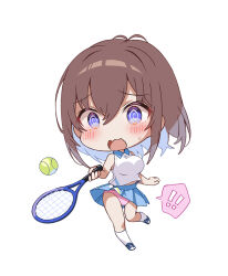 Rule 34 | !, !!, 1girl, @ @, ball, blue skirt, blush, breasts, chibi, clothes lift, collared shirt, commentary request, embarrassed, hawawa-chan (shiro kuma shake), holding, holding tennis racket, large breasts, open mouth, original, panties, pink panties, pleated skirt, purple eyes, racket, shiro kuma shake, shirt, simple background, skirt, skirt lift, sleeveless, sleeveless shirt, socks, solo, sportswear, sweatdrop, tennis ball, tennis racket, tennis uniform, underwear, wavy mouth, white background, white shirt, white socks