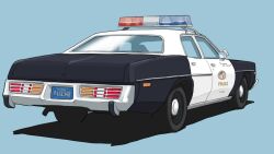 Rule 34 | blue background, car, english text, from behind, highres, license plate, los angeles police department, motor vehicle, no humans, omochi (ricecake9322), original, police car, shadow, simple background, united states, vehicle focus, vehicle request