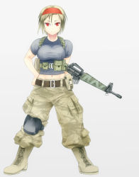 Rule 34 | 1girl, assault rifle, belt, blonde hair, boots, green hair, grey background, gun, hairband, knee pads, left-handed, m16, m16a1, midriff, military, navel, onibi (foxhound4185), original, pants, red eyes, rifle, short hair, simple background, solo, weapon