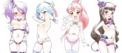Rule 34 | 4girls, blush, breasts, crotchless, crotchless panties, dorothy west, highres, kurosu aroma, looking at viewer, multiple girls, navel piercing, nipple piercing, nipples, open mouth, panties, piercing, pretty series, pripara, pussy, shiratama mikan, small breasts, smile, spash hn, tears, toudou shion, uncensored, underwear