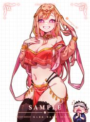 Rule 34 | 1boy, 1girl, arabian clothes, artist name, black hair, black thighhighs, blonde hair, blood, blush, breasts, bright pupils, cleavage, crop top, detached sleeves, earrings, english text, gojou wakana, gradient hair, grid background, harem outfit, headband, heart, heart-shaped pupils, highres, hoop earrings, instagram logo, jewelry, kitagawa marin, lianbiglian, long hair, medium breasts, multicolored hair, nosebleed, parted lips, pelvic curtain, pink hair, revealing clothes, skindentation, smile, solo focus, sono bisque doll wa koi wo suru, symbol-shaped pupils, thighhighs, very long hair, white headband, white pupils