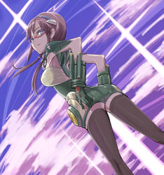 Rule 34 | 00s, 1girl, ass, black thighhighs, blue eyes, breasts, brown hair, dutch angle, evangelion: 2.0 you can (not) advance, female focus, glasses, hairband, long hair, looking back, makinami mari illustrious, neon genesis evangelion, outdoors, plugsuit, rebuild of evangelion, sessue, sky, solo, thighhighs, zettai ryouiki