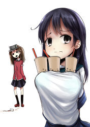 Rule 34 | 2girls, black hair, black skirt, breast envy, breasts, brown hair, bubble tea, bubble tea challenge, collared shirt, commentary, cup, disposable cup, drinking straw, embarrassed, empty eyes, failure, fine art parody, flat chest, frown, japanese clothes, kantai collection, kariginu, kurona, large breasts, medium hair, multiple girls, open mouth, parody, ryuujou (kancolle), sailor collar, shirt, shoes, simple background, skirt, socks, spill, the scream, ushio (kancolle), visor cap, white background, white shirt