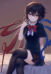 Rule 34 | 1girl, ahoge, arm support, asymmetrical wings, black dress, black hair, black thighhighs, blue wings, blush, bow, bowtie, brown background, center frills, commentary, crossed legs, dress, fangs, feet out of frame, frills, grin, hair between eyes, hand up, highres, houjuu nue, kisamu (ksmz), looking at viewer, nail polish, red bow, red bowtie, red eyes, red nails, red wings, short dress, short hair, sitting, smile, solo, thighhighs, thighs, touhou, wings, zettai ryouiki