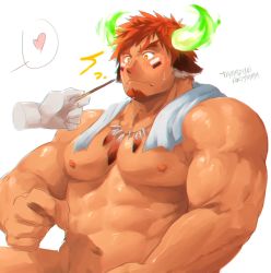 Rule 34 | 1boy, 1other, animal ears, bara, blush, brown hair, facial hair, fiery horns, food, forked eyebrows, glowing horns, goatee, highres, horns, male focus, manly, muscular, naked towel, pectorals, pocky, short hair, sketch, tamazukiyama, thick eyebrows, tokyo houkago summoners, towel, upper body, wakan tanka, white background
