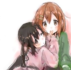 Rule 34 | 2girls, ;o, black hair, brown hair, casual, covering face, covering own mouth, covering privates, crossed fingers, hair ornament, hairclip, hirasawa yui, k-on!, kirisawa saki, multiple girls, nakano azusa, one eye closed, sketch, wink, x fingers