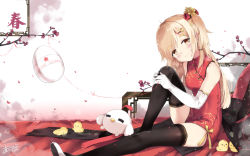 Rule 34 | 1girl, = =, ahoge, animal, asahi kuroi, bare shoulders, bird, black thighhighs, blonde hair, blush, brown eyes, chicken, china dress, chinese clothes, closed mouth, dress, elbow gloves, flower, gloves, hair flower, hair ornament, head tilt, highres, knee up, long hair, looking at viewer, one side up, original, plum blossoms, red dress, signature, sleeveless, sleeveless dress, smile, solo, swept bangs, thick eyebrows, thighhighs, white gloves