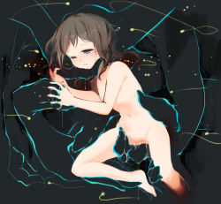 Rule 34 | 1girl, bad id, bad pixiv id, blue eyes, blush, brown hair, bug, creature, fingering, firefly, flat chest, highres, holding hands, insect, interlocked fingers, nipples, nude, one eye closed, original, pussy juice, pussy juice trail, sakata kaname, short hair, simple background, smile, solo, spread legs, tears, thighs, vaginal