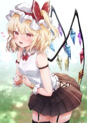 Rule 34 | 1girl, alternate costume, armband, bare shoulders, black thighhighs, blonde hair, blurry, blurry background, blush, bow, bowtie, breasts, commentary request, crystal, fang, flandre scarlet, garter straps, hair between eyes, hair through headwear, hat, hat bow, heart, highres, leaning forward, light particles, looking at viewer, medium hair, mob cap, nail polish, one side up, open mouth, petite, pink eyes, red bow, red bowtie, red nails, renka (cloudsaikou), simple background, skirt cutout, small breasts, solo, thighhighs, touhou, wings, wrist cuffs, zettai ryouiki