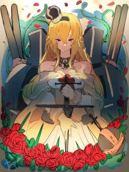 Rule 34 | 1girl, bare shoulders, blonde hair, blush, braid, breasts, closed mouth, crown, dress, flower, french braid, globus cruciger, hair between eyes, highres, holding, jewelry, kantai collection, large breasts, long hair, mini crown, necklace, off-shoulder dress, off shoulder, petals, red flower, red rose, rigging, rose, sidelocks, signature, simple background, solo, sunday aki, thorns, turret, warspite (kancolle)