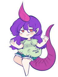 Rule 34 | barefoot, blush stickers, chahan (fried rice0614), clothes writing, full body, green shirt, green shorts, highres, horns, long hair, open mouth, purple hair, purple horns, red eyes, shirt, short sleeves, shorts, simple background, single horn, smile, syringe, tail, tenkajin chiyari, test tube, touhou, white background