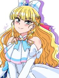 Rule 34 | 1girl, ascot, blonde hair, blue eyes, blush, bow, cosplay, cure finale, cure prism, cure prism (cosplay), delicious party precure, dress, earrings, elbow gloves, glove bow, gloves, hirogaru sky! precure, jewelry, kasai amane, long hair, looking at viewer, magical girl, precure, smile, solo, upper body, white ascot, white background, white dress, white gloves, wing hair ornament, yui u86