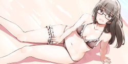Rule 34 | 1girl, bikini, black hair, glasses, long hair, navel, nyoijizai, original, swimsuit, thighs