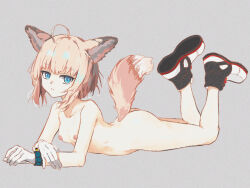 Rule 34 | 1girl, ahoge, animal ear fluff, animal ears, arknights, ass, blonde hair, blue background, blue eyes, breasts, closed mouth, collarbone, commentary, fox ears, fox girl, fox tail, full body, gloves, highres, infection monitor (arknights), legs up, looking at viewer, lying, nipples, nude, on stomach, shoe soles, shoes, short hair, simple background, small breasts, solo, sussurro (arknights), tail, violetstone, white footwear, white gloves