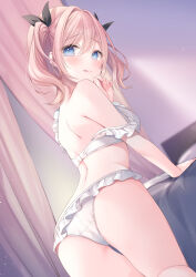 Rule 34 | 1girl, absurdres, ass, bare arms, bare legs, bedroom, black bow, blonde hair, blue eyes, blurry, blurry background, bow, bra, curtains, dutch angle, frilled bra, frilled panties, frills, from behind, hair bow, hair intakes, highres, kmr 7m, leaning forward, long hair, looking back, original, panties, solo, strap slip, thigh gap, tongue, tongue out, twintails, underwear, underwear only, white bra, white panties