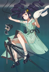 Rule 34 | 1girl, absurdres, black footwear, black hair, braid, camera, closed mouth, commentary, dress, english commentary, full body, green dress, hair ornament, hairclip, hat, highres, holding, holding camera, holding clothes, holding hat, long hair, looking at viewer, original, polaroid, red eyes, ronnie choy, see-through, shoes, short sleeves, socks, solo, twin braids, twintails, unworn hat, unworn headwear, white hat, white socks
