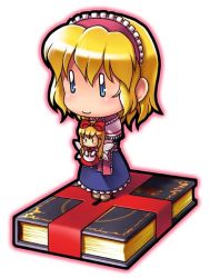 Rule 34 | 04bou, 1girl, alice margatroid, blonde hair, blue eyes, book, capelet, chibi, doll, female focus, frills, full body, grimoire, hairband, holding, shanghai doll, short hair, simple background, solo, standing, touhou, white background
