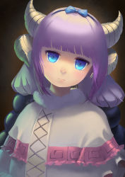 Rule 34 | 10s, 1girl, beads, blouse, blue bow, blue eyes, blue hairband, bow, capelet, closed mouth, cross-laced clothes, dragon girl, dragon horns, dress, expressionless, frilled capelet, frills, fur trim, gothic lolita, hair beads, hair bow, hair ornament, hairband, horns, jitome, kanna kamui, kobayashi-san chi no maidragon, lolita fashion, long hair, long sleeves, looking at viewer, low twintails, purple hair, raku inishie, shirt, signature, slit pupils, solo, twintails, upper body