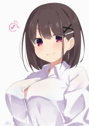 Rule 34 | 1girl, bad id, bad pixiv id, blush, breasts, brown eyes, brown hair, button gap, commentary request, hair ornament, hairclip, highres, large breasts, looking at viewer, original, ramchi, short hair, simple background, smile, solo, translation request, uniform, white background, x hair ornament