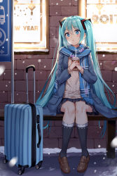 Rule 34 | 1girl, 2017, :o, aqua eyes, aqua hair, aran sweater, black skirt, black socks, blue coat, blue eyes, blue scarf, blush, brick wall, bus stop, cable knit, chinese new year, chinese text, closed mouth, coat, douya (233), full body, hatsune miku, holding, kneehighs, loafers, long hair, long sleeves, miniskirt, motion blur, new year, open clothes, open coat, outdoors, plaid, plaid scarf, pleated skirt, pocket, road sign, rolling suitcase, scarf, shoes, sign, sitting, skirt, snowing, socks, solo, steam, suitcase, sweater, tassel, twintails, unbuttoned, very long hair, vocaloid, waiting, white sweater