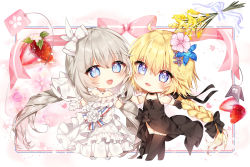 Rule 34 | 2girls, bad id, bad pixiv id, bare shoulders, black bow, black dress, black footwear, black gloves, black legwear, blonde hair, blue eyes, blue flower, bow, chibi, commentary, dress, english commentary, fate (series), flower, food, fruit, gloves, grey hair, hair between eyes, hair bow, hair flower, hair ornament, heart, highres, jeanne d&#039;arc (fate), jeanne d&#039;arc (formal dress) (fate), jeanne d&#039;arc (ruler) (fate), low twintails, marie antoinette (fate), marie antoinette (fgo orchestra) (fate), multiple girls, official alternate costume, pink flower, purple flower, see-through, shoes, sleeveless, sleeveless dress, standing, strawberry, strawberry blossoms, taya oco, thighhighs, twintails, white bow, white dress, white footwear, white gloves, yellow flower