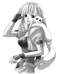 Rule 34 | 1990s (style), 1girl, absurdres, breasts, cleavage, dog, excel, excel saga, fang, fingerless gloves, gloves, greyscale, highres, medium breasts, menchi, monochrome, rikudou koushi, sketch, solo