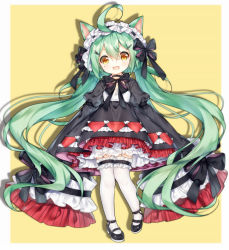 Rule 34 | 1girl, :3, :d, absurdly long hair, ahoge, akashi (azur lane), akashi (the black cat cometh!) (azur lane), animal ears, azur lane, black bow, black dress, black footwear, black hairband, blush, bow, brown eyes, cat ears, commentary request, dress, frilled hairband, frilled thighhighs, frills, full body, green hair, hair between eyes, hair bow, hairband, juliet sleeves, lolita fashion, long hair, long sleeves, low twintails, mole, mole under eye, open mouth, puffy sleeves, shoes, sleeves past fingers, sleeves past wrists, smile, solo, standing, standing on one leg, tengxiang lingnai, thighhighs, twintails, two-tone background, very long hair, white background, white thighhighs, wide sleeves, yellow background