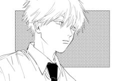 Rule 34 | 1boy, ajo cnsw, chainsaw man, collared shirt, denji (chainsaw man), dress shirt, greyscale, hair between eyes, looking to the side, male focus, monochrome, necktie, shirt, short hair, solo, white background, white hair