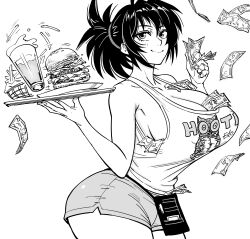 Rule 34 | 1girl, absurdres, alcohol, bb (baalbuddy), beer, between breasts, breasts, burger, cleavage, food, french fries, highres, hooters, huge breasts, legs, manyuu chifusa, manyuu hikenchou, money, monochrome, ponytail, short shorts, shorts, sideboob, smile, solo, tank top, thick thighs, thighs, waitress