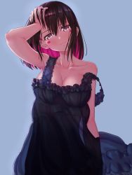 Rule 34 | 1girl, alternate costume, azki (hololive), black dress, black hair, blue background, breasts, cleavage, closed mouth, collarbone, colored inner hair, commentary, cowboy shot, dress, expressionless, facepaint, hand in own hair, hand on own head, head tilt, highres, hololive, lips, loeldrive, looking at viewer, medium breasts, multicolored hair, nightgown, pink hair, purple eyes, see-through silhouette, short hair, simple background, sleeveless, solo, standing, strap slip, two-tone hair, virtual youtuber