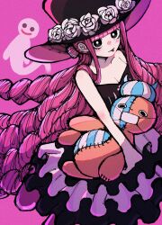 Rule 34 | 1girl, arm tattoo, artist request, bare shoulders, black dress, black hat, breasts, cleavage, devil fruit, dress, drill hair, eyelashes, flower, hat, hat flower, highres, horo horo no mi, kumacy, large breasts, long hair, looking at viewer, one piece, perona, pink hair, shoulder tattoo, sidelocks, simple background, sleeveless, sleeveless dress, solo, strapless, strapless dress, stuffed animal, stuffed toy, tattoo, teddy bear, tongue, tongue out, very long hair