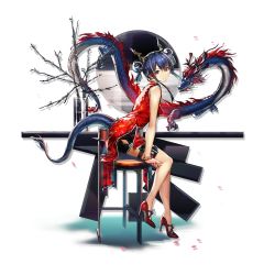 Rule 34 | 1girl, arknights, bare arms, bare legs, bare shoulders, bead bracelet, beads, bike shorts, black shorts, blue hair, bracelet, branch, breasts, ch&#039;en (ageless afterglow) (arknights), ch&#039;en (arknights), chair, china dress, chinese clothes, double bun, dragon, dress, eastern dragon, from side, full body, hair bun, head tilt, high heels, highres, horns, jewelry, long hair, looking at viewer, medium breasts, official alternate costume, official art, petals, red dress, red eyes, red footwear, shadow, short shorts, shorts, side slit, sidelocks, sitting, sleeveless, sleeveless dress, solo, tail, thigh strap, thighs, transparent background, yui (niikyouzou)