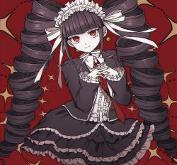 Rule 34 | 1girl, black hair, black jacket, black nails, bonnet, celestia ludenberg, center frills, claw ring, collared shirt, danganronpa: trigger happy havoc, danganronpa (series), dress shirt, drill hair, earrings, frilled skirt, frills, gothic lolita, highres, interlocked fingers, jacket, jewelry, layered skirt, lolita fashion, long hair, long sleeves, looking at viewer, multicolored background, nail polish, necktie, open clothes, open jacket, own hands together, red background, red eyes, red necktie, shirt, skirt, smile, solo, tansug (tansuk88), twin drills, twintails, white shirt