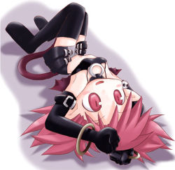 Rule 34 | 1girl, arms up, belt, black gloves, black thighhighs, bracelet, clenched hand, disgaea, elbow gloves, etna (disgaea), from behind, full body, gloves, jewelry, looking at viewer, looking back, lowres, lying, makai senki disgaea, midriff, navel, on back, osaragi mitama, red eyes, red hair, revision, short hair, shorts, simple background, solo, stomach, thighhighs, white background