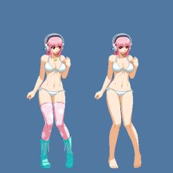 Rule 34 | 1girl, aoi ship, barefoot, bikini, blue background, blush, boots, breasts, cleavage, feet, front-tie bikini top, front-tie top, headphones, large breasts, long hair, looking at viewer, lowres, navel, nitroplus, pink hair, pink thighhighs, pixel art, red eyes, side-tie bikini bottom, simple background, smile, solo, standing, super sonico, swimsuit, thighhighs, toes, white bikini