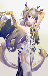 Rule 34 | 1girl, absurdres, arknights, arm behind head, arms up, bare shoulders, blue hair, brown hair, closed mouth, collarbone, commentary request, dragon girl, dragon horns, dragon tail, flame-tipped tail, grey background, grey eyes, grey hair, hair between eyes, hair intakes, highres, holding, holding clothes, holding jacket, horns, jacket, long hair, minami (minamijkol), multicolored hair, pants, shu (arknights), smile, solo, strapless, streaked hair, tail, unworn jacket, very long hair, white jacket, white pants