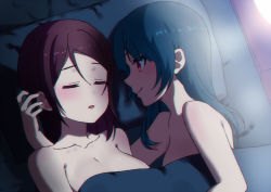 Rule 34 | 2girls, arm around shoulder, bed, bed sheet, blue hair, blunt bangs, blush, breasts, brown hair, closed mouth, collarbone, couple, covering privates, day, eyes visible through hair, female focus, from above, hug, indoors, long hair, looking at another, love live!, love live! sunshine!!, lying, medium breasts, multiple girls, nail polish, neck, nude, nude cover, on back, on bed, on side, open mouth, pillow, pink eyes, sakurauchi riko, sellel, shade, sleeping, smile, sunlight, swept bangs, tsushima yoshiko, under covers, upper body, yuri