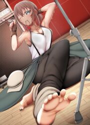 Rule 34 | 1girl, absurdres, armpits, arms up, bang dream!, barefoot, breasts, brown hair, cleavage, collarbone, dripping, dutch angle, feet, fingerless gloves, foot focus, glasses, gloves, green eyes, hair tie, hair tie in mouth, hat, highres, holding, holding removed eyewear, looking at viewer, medium breasts, microphone stand, mouth hold, on floor, one eye closed, pants, ponytail, sitting, sleeveless, soles, solo, sosjin, speaker, suspenders, sweat, toes, turning head, tying hair, unworn eyewear, unworn hat, unworn headwear, wooden floor, yamato maya