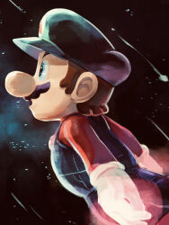 Rule 34 | alternate color hat, big nose, black hat, black overalls, blue eyes, brown hair, comet, facial hair, flying, from side, hat, highres, long sleeves, male focus, mario, mario (series), mustache, nintendo, overalls, red shirt, shirt, shooting star, short hair, solo, space, super mario galaxy, ya mari 6363