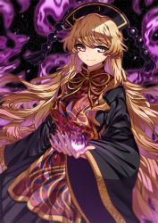 Rule 34 | 1girl, absurdres, black dress, blonde hair, closed mouth, creeper (gametime), dress, fingernails, fire, headdress, highres, junko (touhou), long fingernails, long hair, long sleeves, looking at viewer, nail polish, purple fire, red nails, smile, solo, tabard, touhou, wide sleeves, yellow eyes