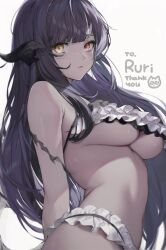 Rule 34 | 1girl, arm behind back, au ra, bad link, bare shoulders, bikini, breasts, closed mouth, commission, cyobiro, dark-skinned female, dark skin, dragon girl, dragon horns, dragon tail, final fantasy, final fantasy xiv, freckles, frills, heterochromia, horns, large breasts, looking at viewer, maid, maid bikini, maid headdress, midriff, purple hair, red eyes, scales, simple background, skeb commission, slit pupils, solo, stomach, swimsuit, tail, thank you, unconventional maid, underboob, warrior of light (ff14), white background, white bikini, white freckles, yellow eyes