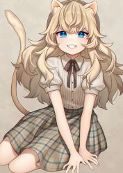 Rule 34 | 1girl, animal ear fluff, animal ears, arm support, bad id, bad pixiv id, blue eyes, brown ribbon, cat ears, cat girl, cat tail, chromatic aberration, collared shirt, commentary, english commentary, fingernails, grey skirt, grin, hair between eyes, karokuchitose, light brown hair, long hair, looking at viewer, neck ribbon, original, plaid, plaid skirt, puffy short sleeves, puffy sleeves, ribbon, ringed eyes, shirt, shirt tucked in, short sleeves, sitting, skirt, smile, solo, tail, tail raised, very long hair, white shirt